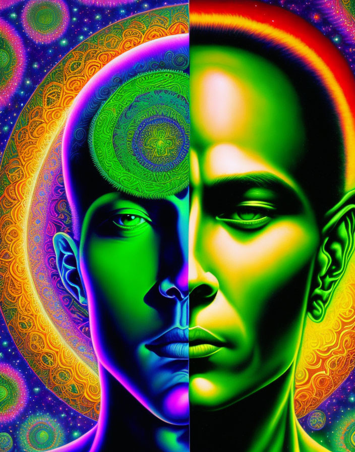 Symmetrical Neon Faces in Profile on Psychedelic Background