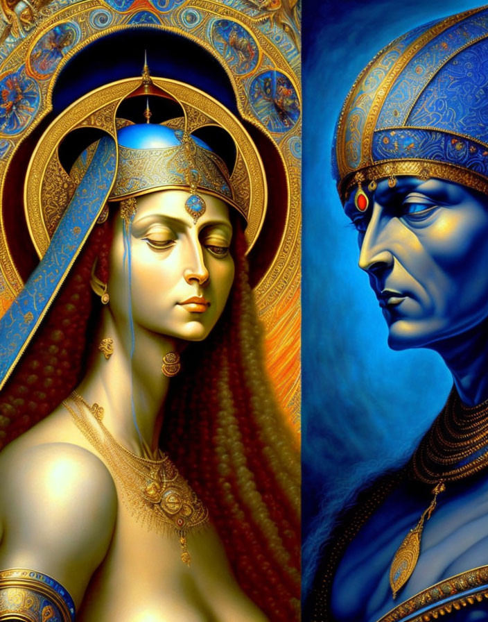 Realistic and fantastical artwork of woman and man with ornate headdresses in blue and gold tones