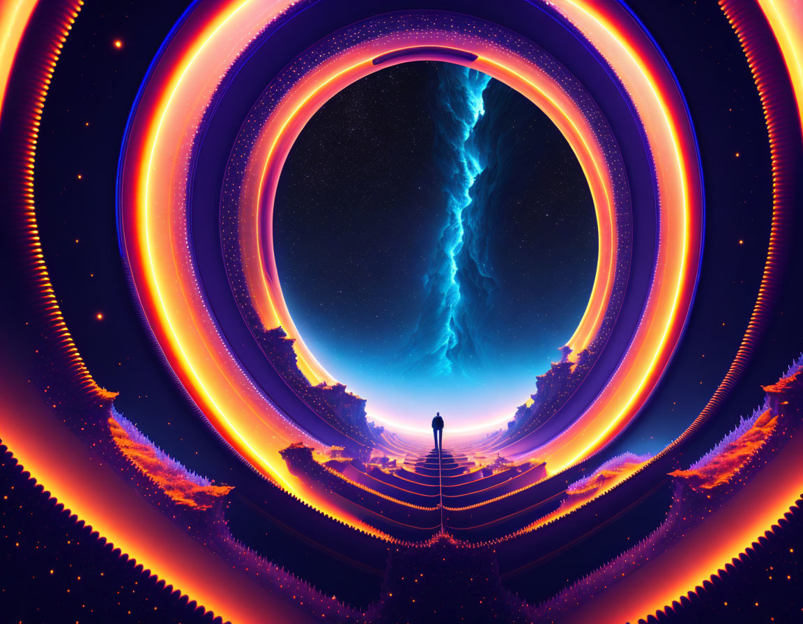 Person standing before vibrant cosmic portal with rings and star-filled void.