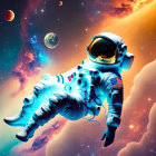 Astronaut in colorful cosmos with planets, stars, and nebulae