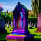 Nighttime cemetery scene with illuminated tombstones and vibrant purple lighting.