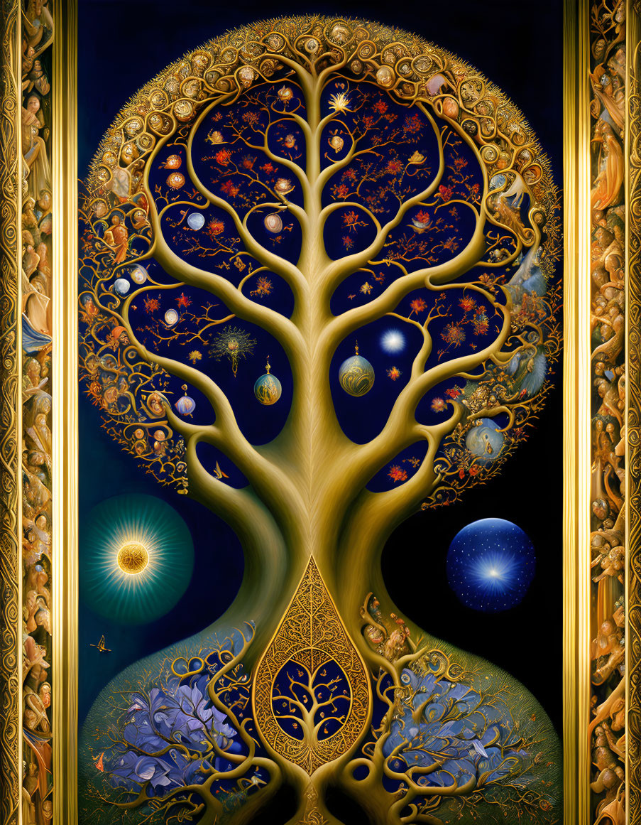 Golden ornate tree with cosmic elements and celestial bodies in elaborate frame