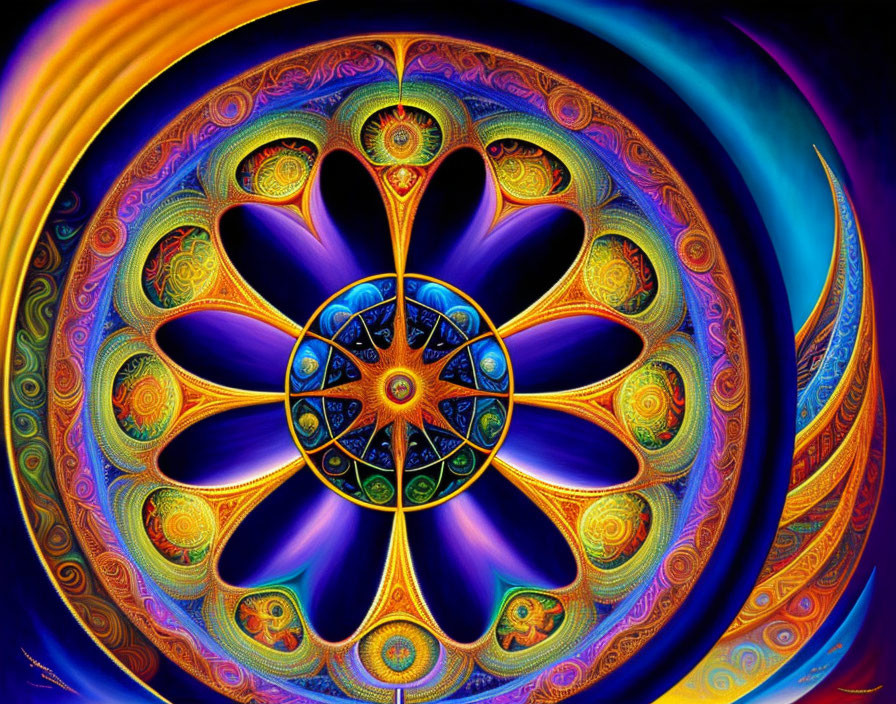 Colorful Fractal Art: Symmetrical Flower Pattern with Rich Textures