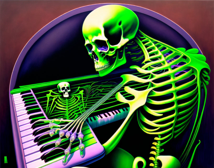 Vibrant digital artwork: Skeleton playing piano with smaller skeleton, tropical setting