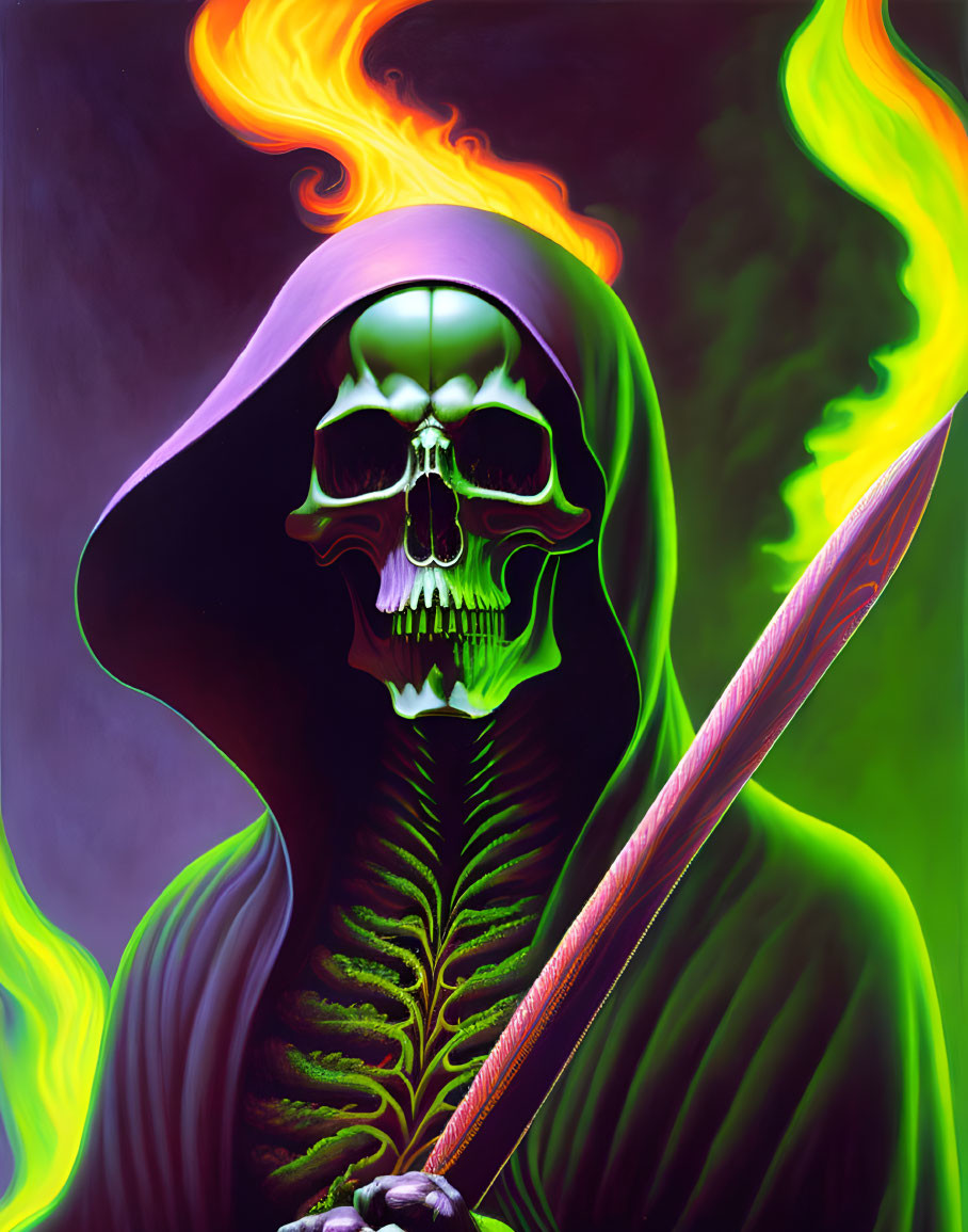 Detailed Art: Skeletal Figure in Darkness with Staff and Fiery Flames