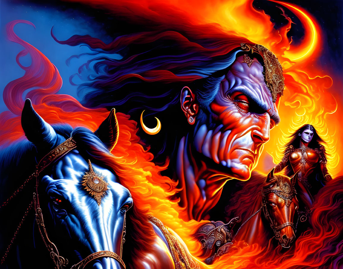 Colorful artwork: Blue-skinned figure on horse with flaming hair, female warrior, fiery celestial background