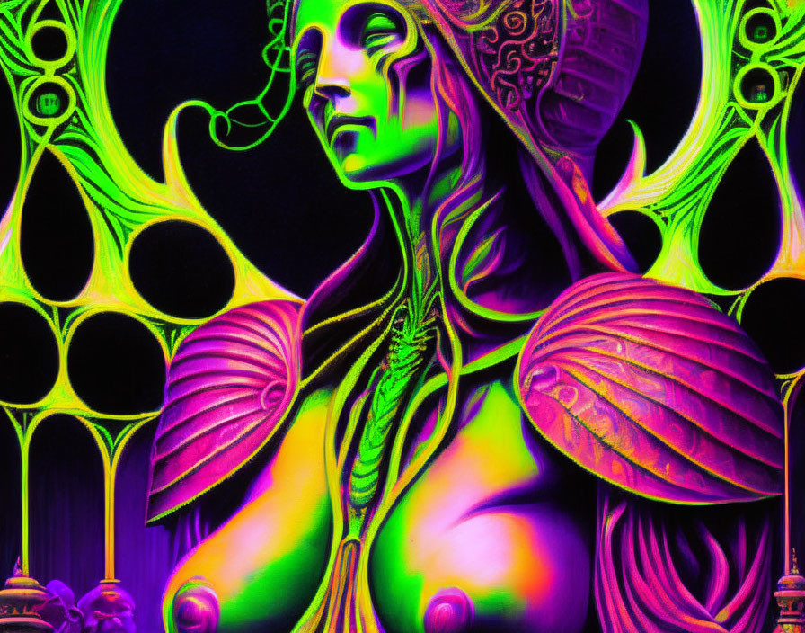 Colorful Psychedelic Artwork of Neon Female Figure and Surreal Architecture