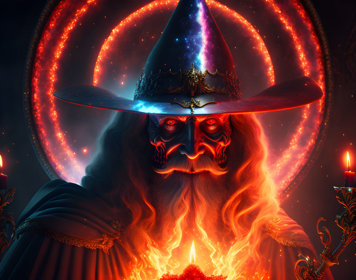 Enigmatic Wizard with Cosmic Hat Casting Spell