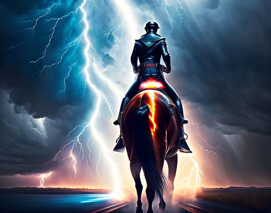 Futuristic uniform rider on cybernetic horse in stormy sky