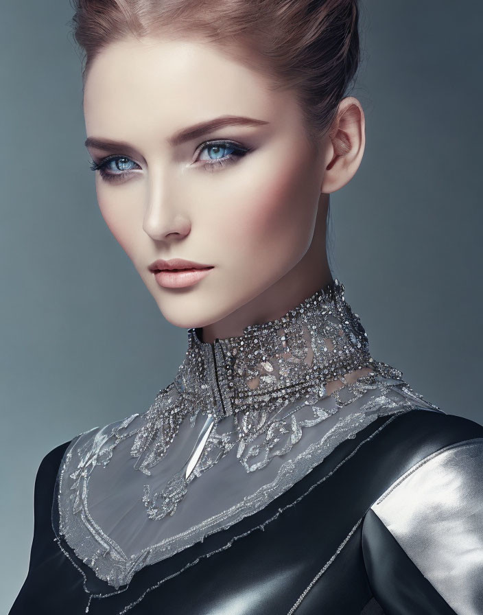 Portrait of Woman with Striking Blue Eyes in High-Collared Metallic Outfit