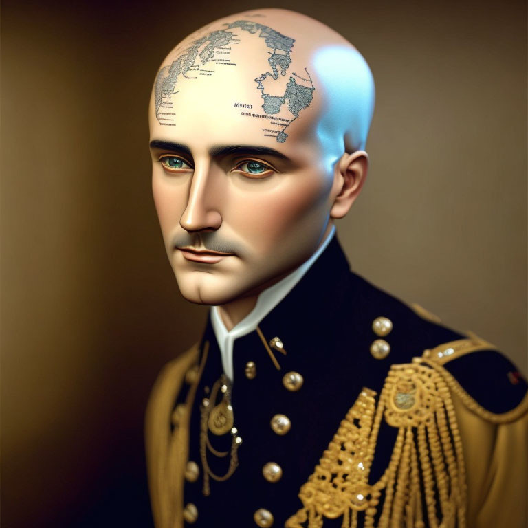 Man in military uniform with world map tattoo on shaved head