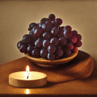 Glowing candle with dark grapes on golden dish in classic still life setting