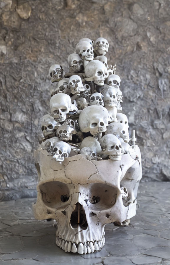 Stacked Human Skulls Sculpture on Stone Floor