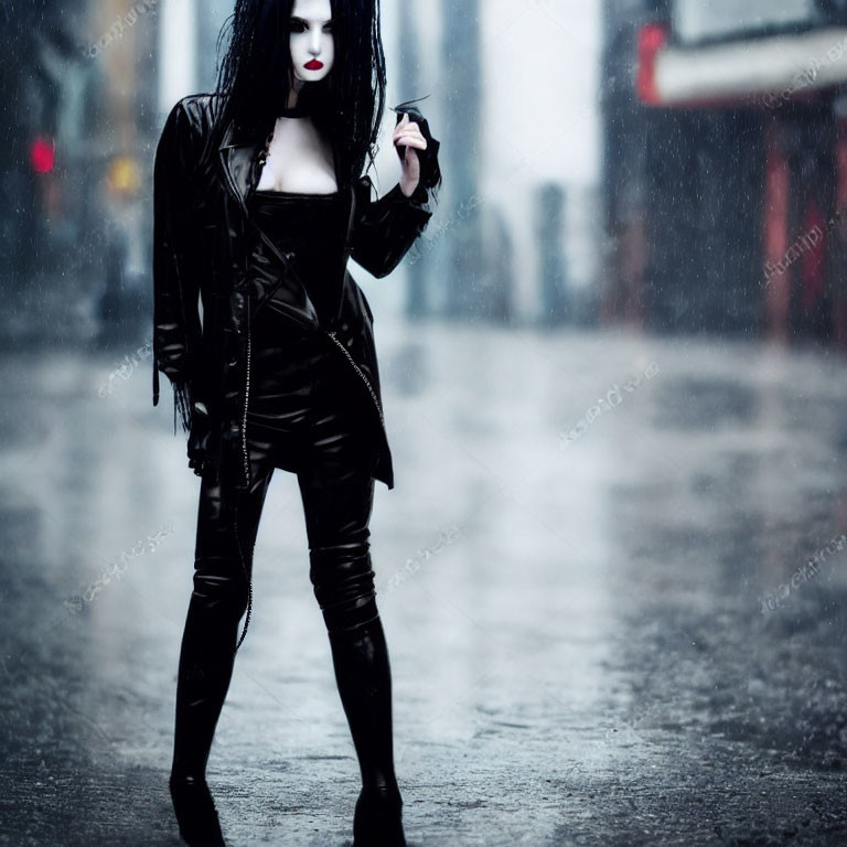 Gothic person in black leather outfit with umbrella on rainy street