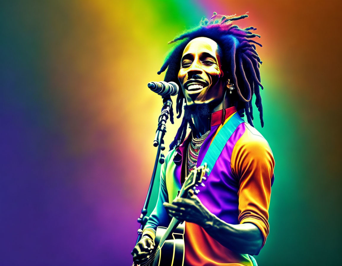 Musician with dreadlocks singing and playing guitar on rainbow background