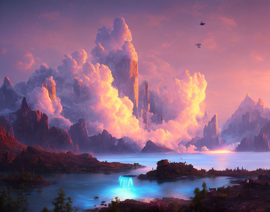 Fantasy landscape with rock formations, lake, waterfall, and ships in pink and orange sky