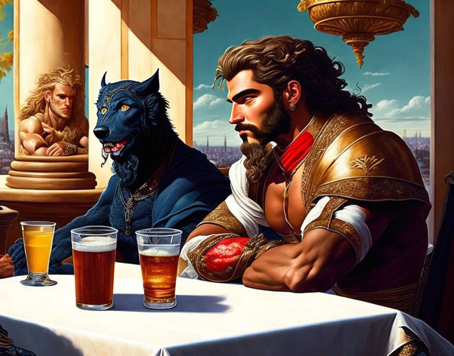 Stylized portrait of a man in armor with a wolf at a table in classical setting