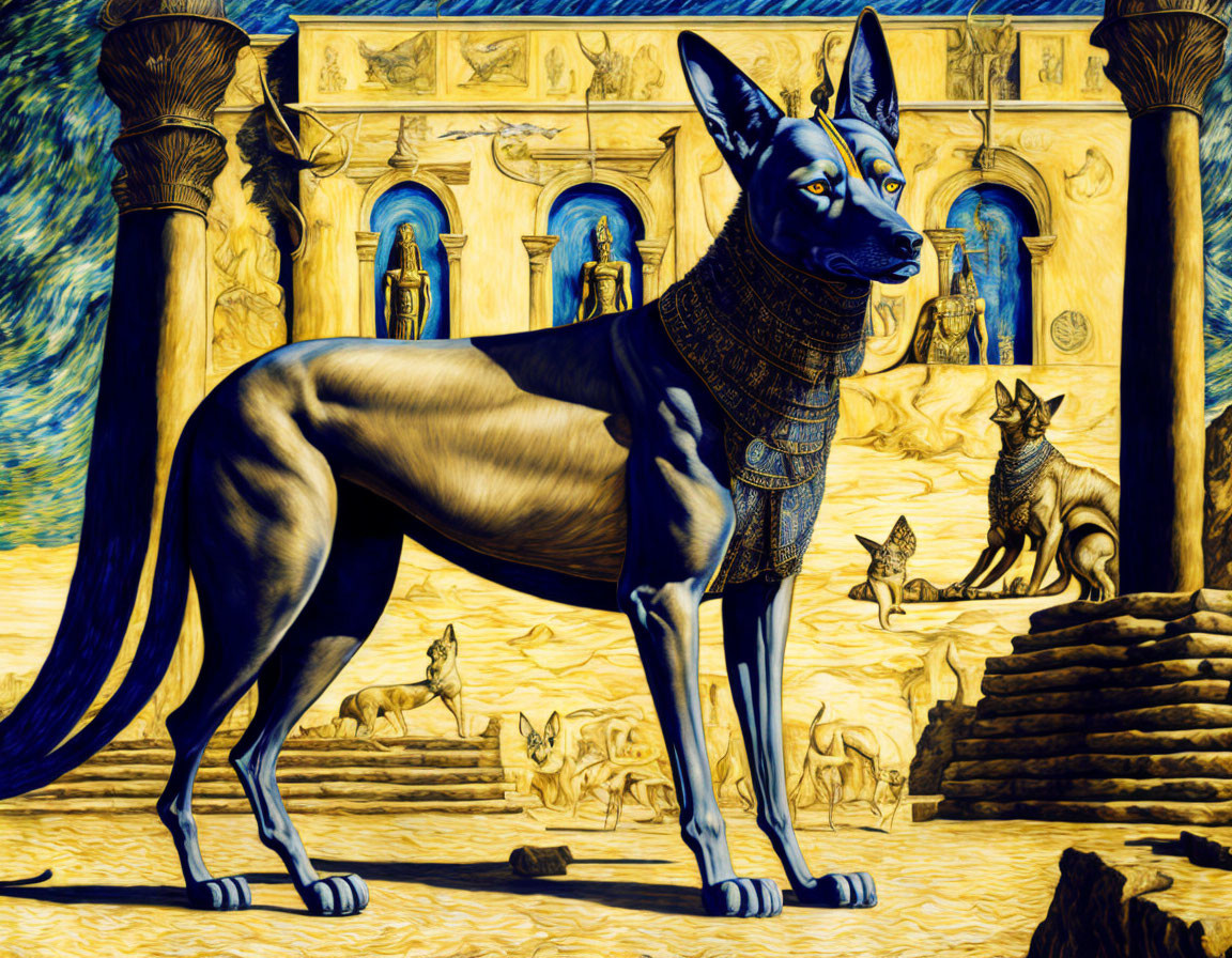 Stylized large dog in ancient Egyptian attire at temple with hieroglyphics