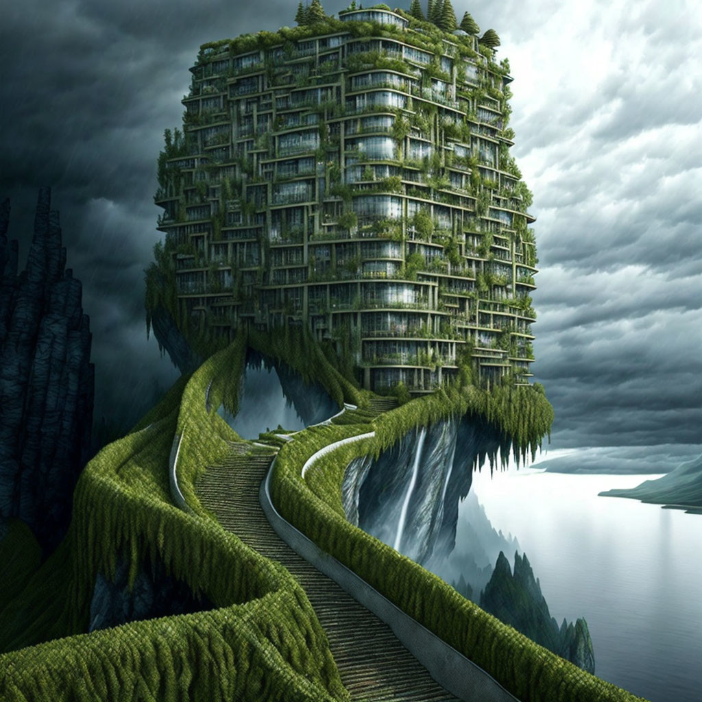 Futuristic green building with plants on cliff near waterfalls and lake under cloudy sky