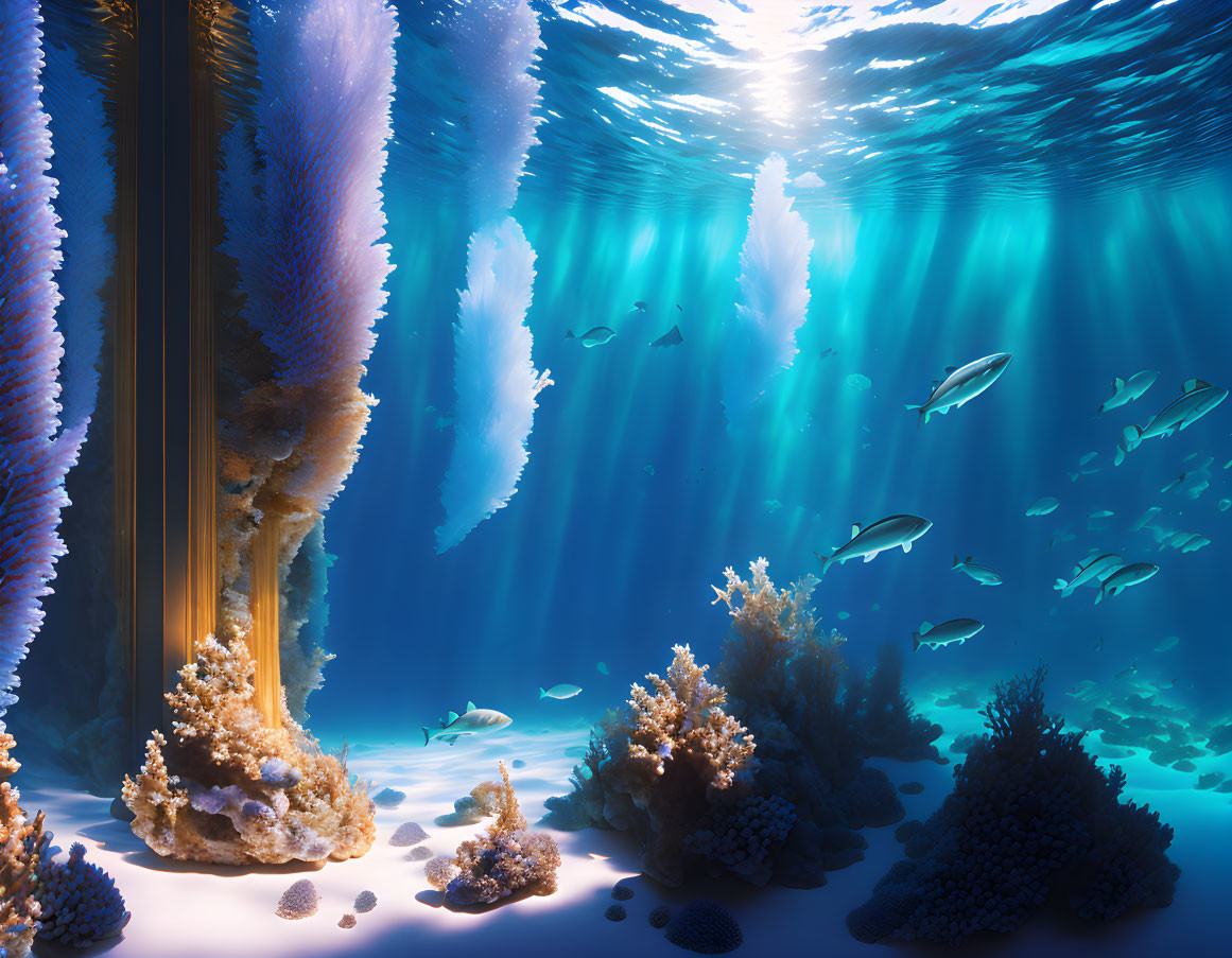 Colorful Coral Formations and Fish in Sunlit Underwater Scene