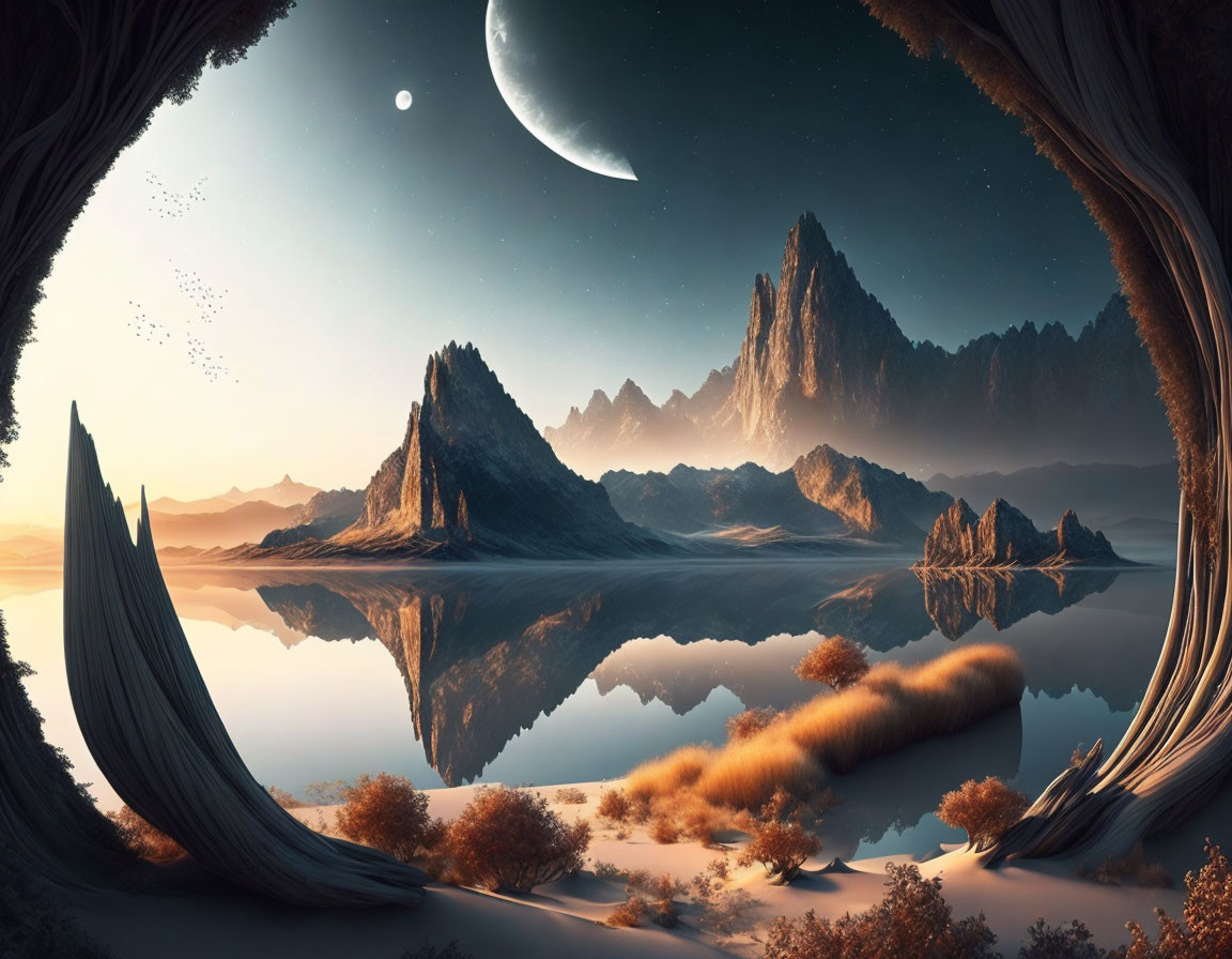 Fantastical landscape with mountains, lake, trees, moon, and birds