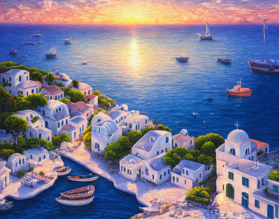 Picturesque Coastal Village: White Buildings, Boats, Golden Sunset