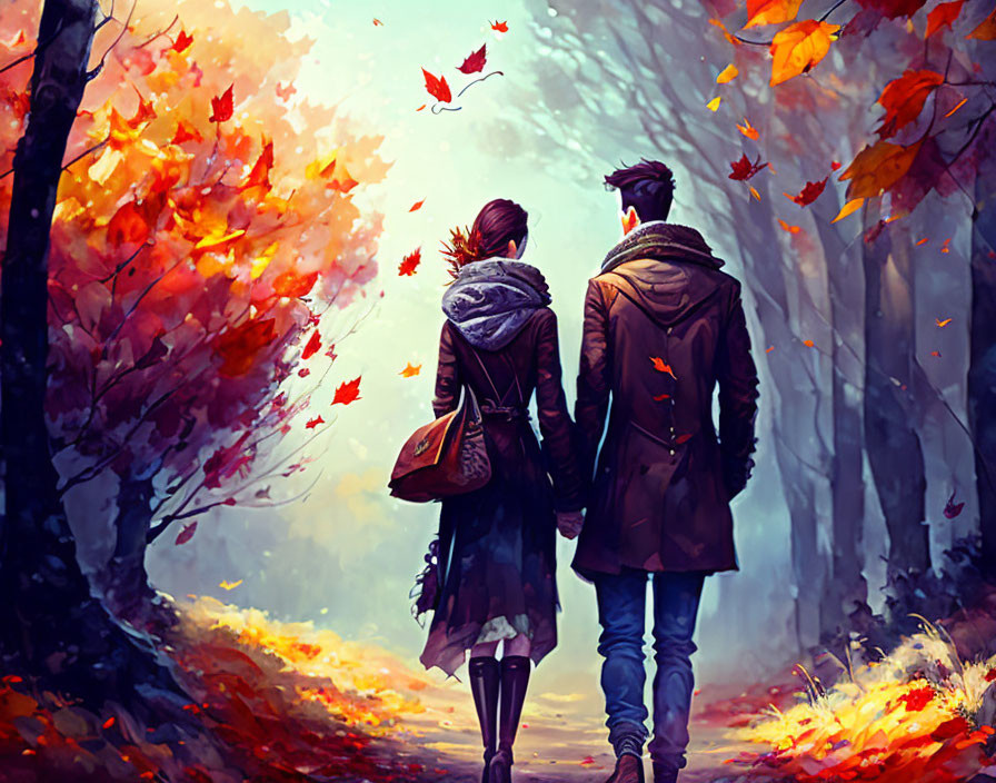 Couple Walking in Autumn Forest with Vibrant Leaves