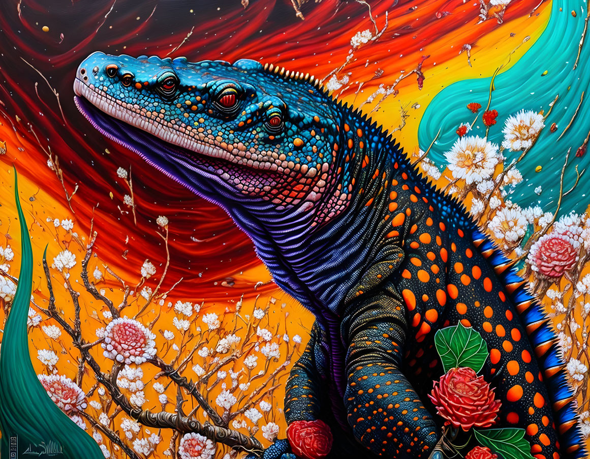 Vibrant lizard art with intricate patterns on colorful background