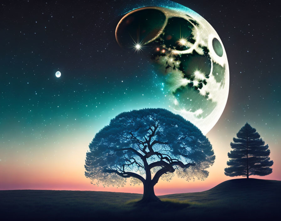 Surreal night landscape with oversized moon, planet, and solitary tree