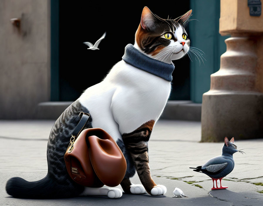 Stylized animated cat with scarf and satchel, bird in red shoes, flying pigeon