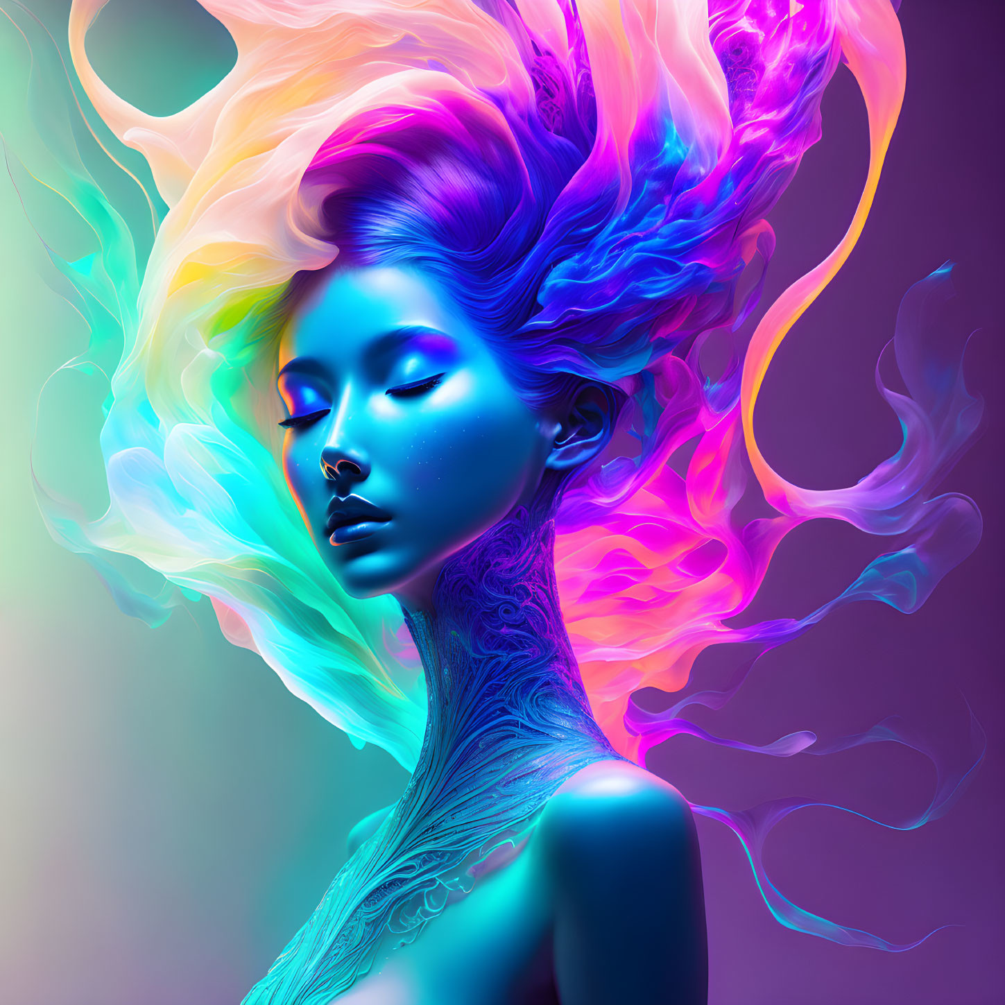 Colorful digital artwork: Woman with multicolored hair and blue skin on gradient backdrop