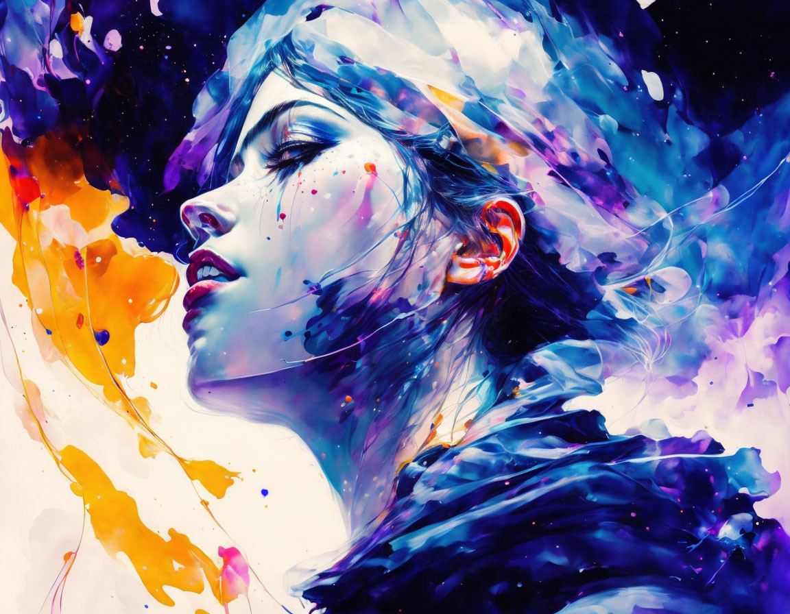 Vibrant digital painting of dreamy woman in cosmic colors