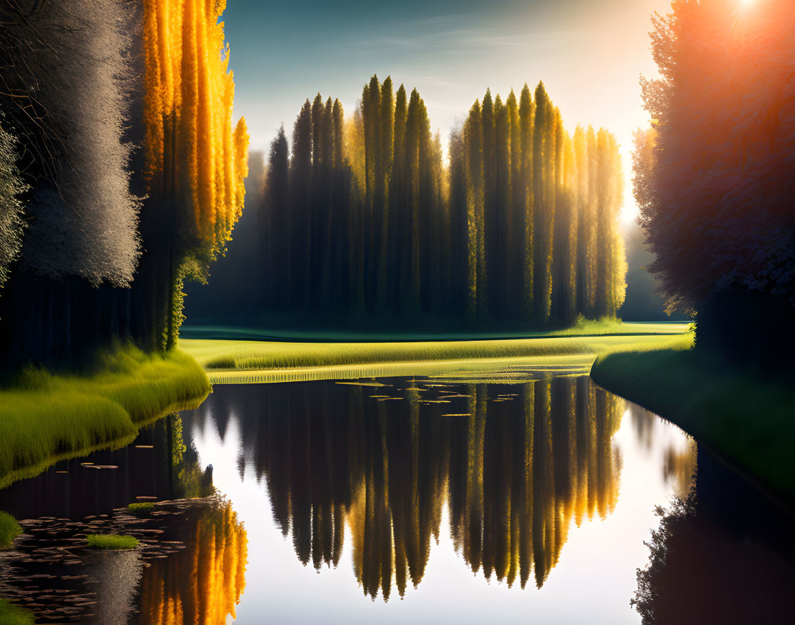 Tranquil lake at sunset with tall trees reflecting.