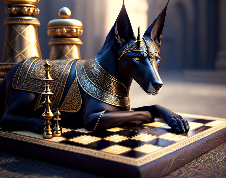 Black cat with Egyptian jewelry on chessboard with queen piece, regal architecture.