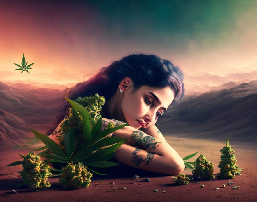 Contemplative woman with cannabis plants in desert landscape