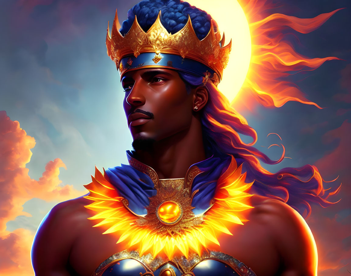 Regal figure in golden crown and blue attire under fiery sky