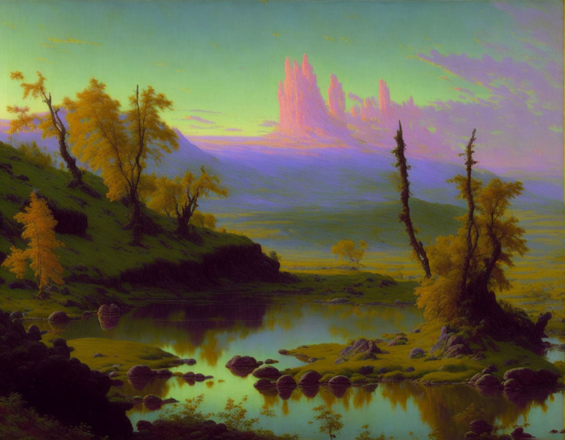 Serene landscape painting: purple mountains, tranquil lake, autumn trees, dusk sky