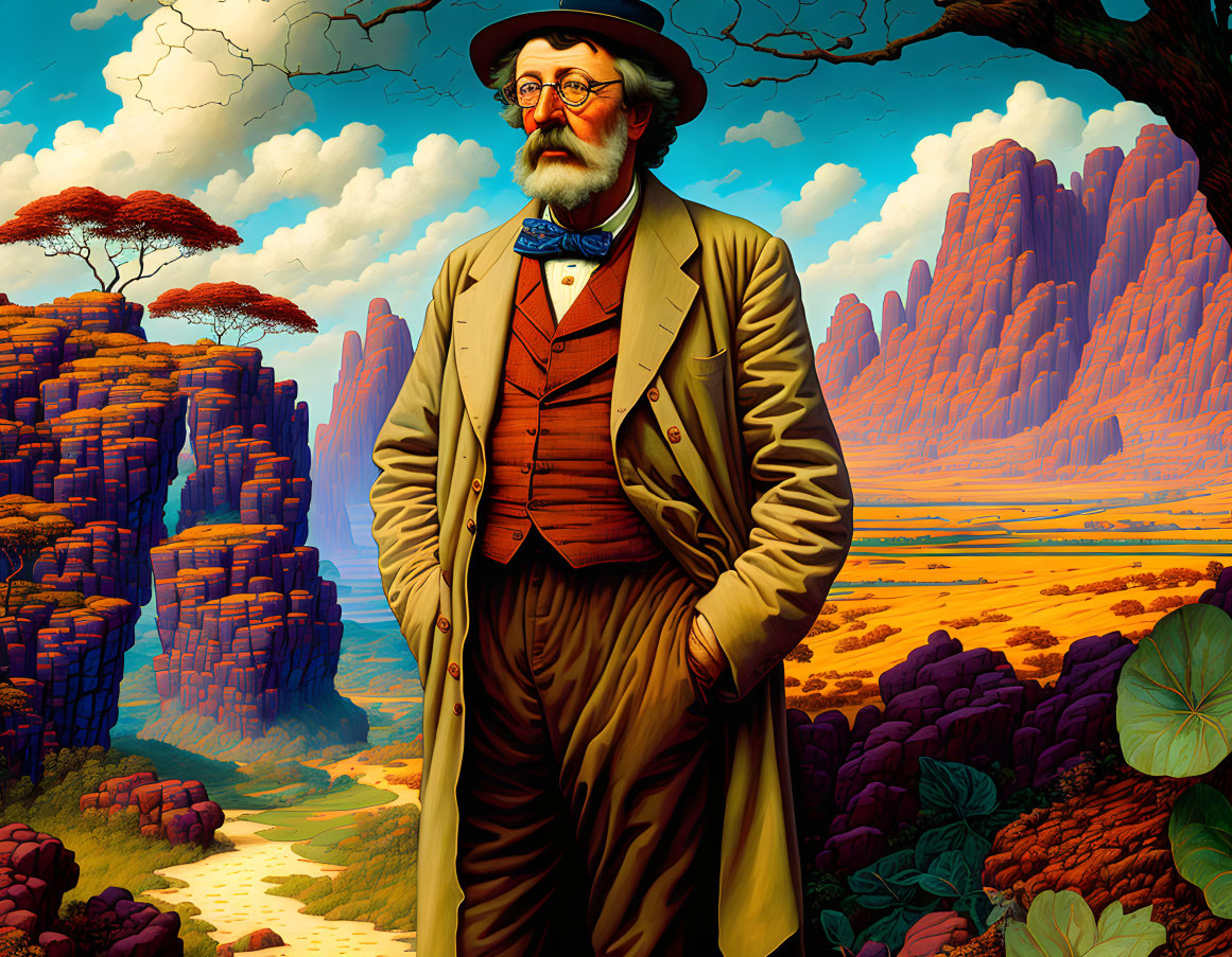 Elderly Gentleman in Suit and Bowtie in Vibrant Landscape