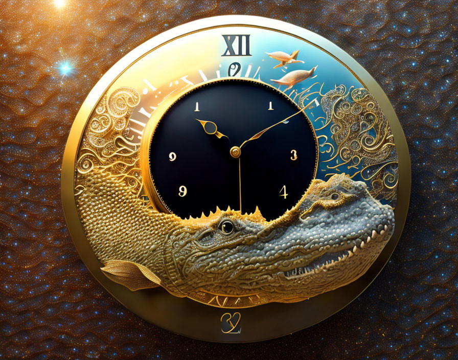 Ornate clock with Roman numerals merging into detailed crocodile head and celestial aquatic elements with gold