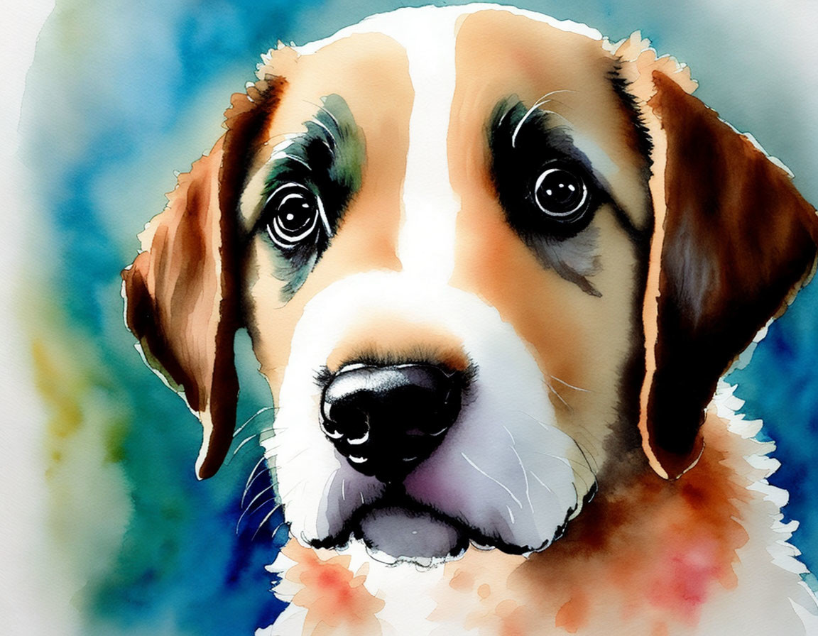 Watercolor painting: Puppy with soulful eyes, brown, white, and black fur