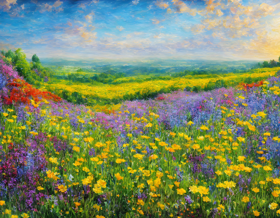 Colorful oil painting: Meadow with wildflowers under dynamic sky