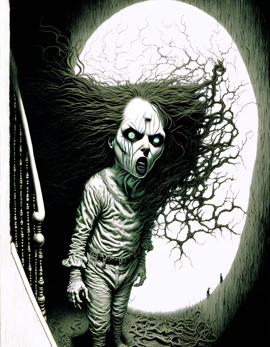 Horror-themed illustration: Pale ghostly figure on staircase under full moon