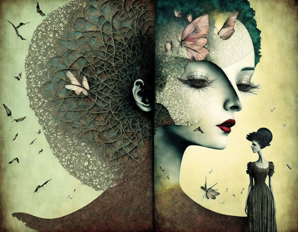 Surreal Artwork: Female Faces Merge with Nature, Tree Texture, Butterflies, Woman Figure