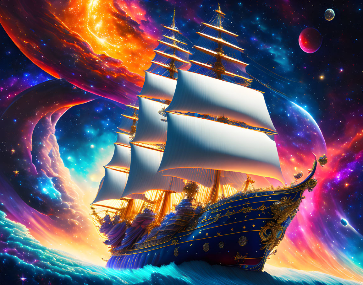 Majestic sailing ship in cosmic landscape with golden accents