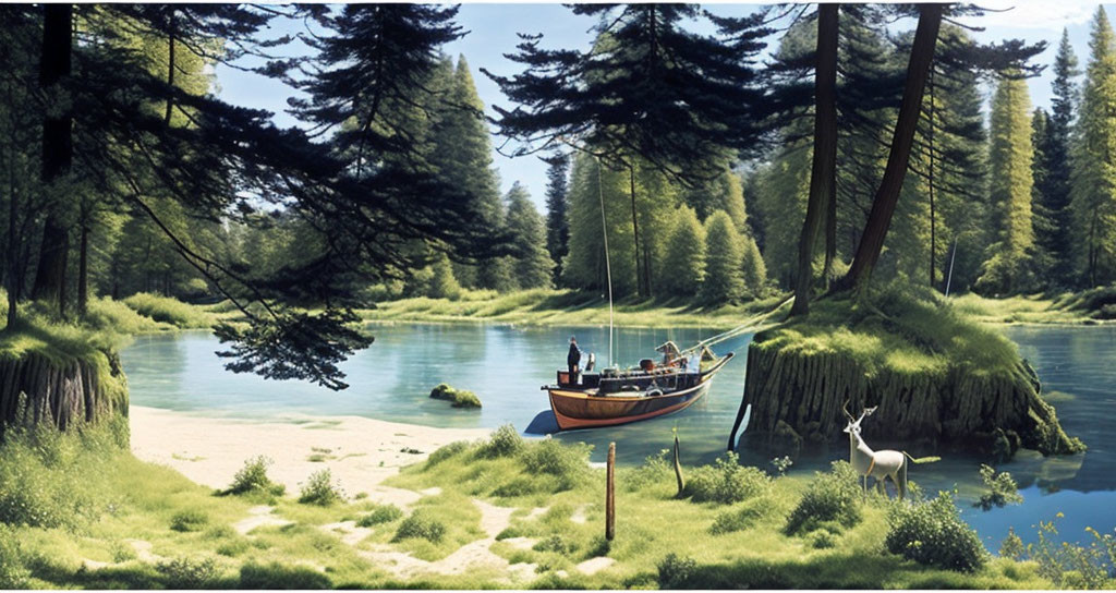 Tranquil river scene with small boat, lush greenery, and white deer