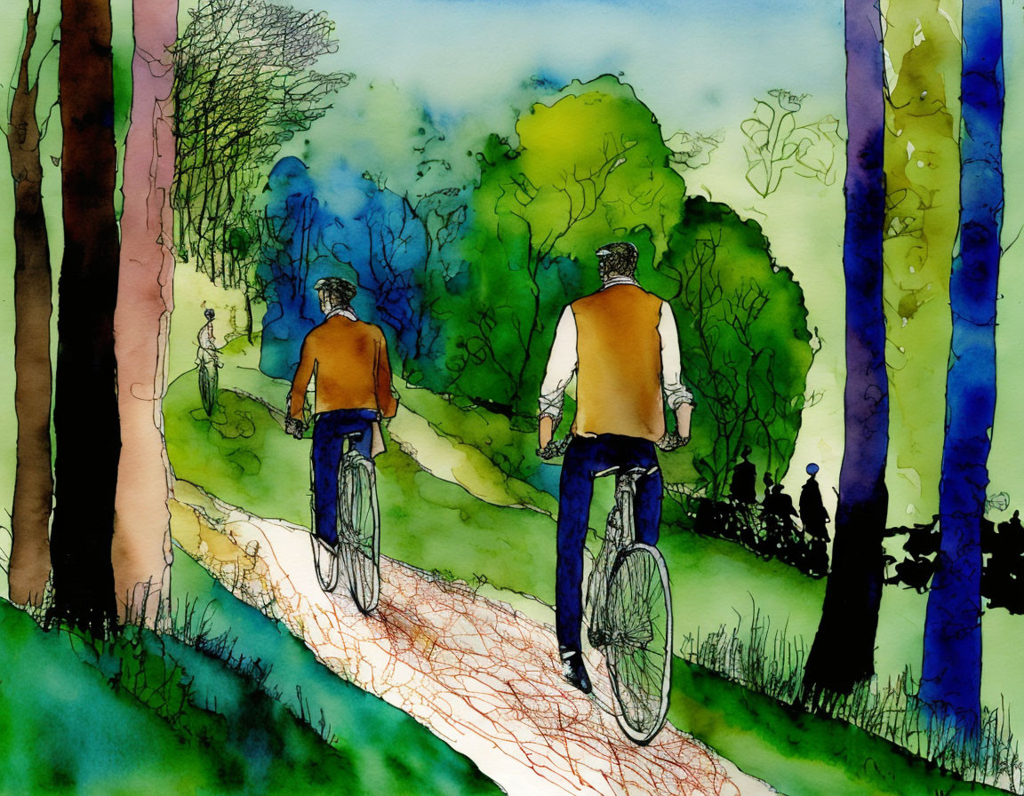 Vibrant forest scene: Two bikers in colorful, abstract setting