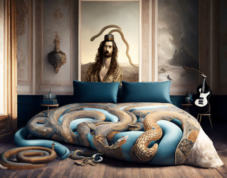 Man with Beard and Horns Wrapped in Snake in Surreal Room