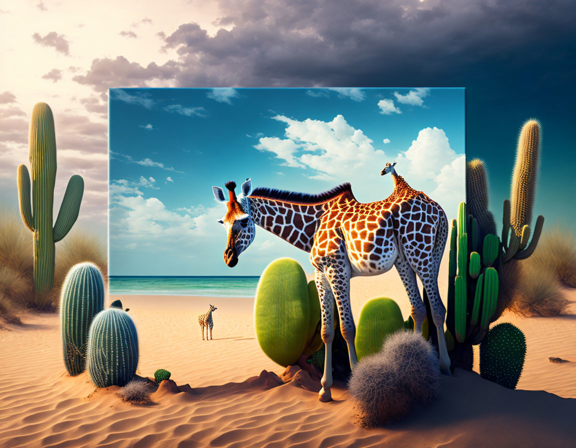 Surreal desert scene with giraffe and zebra-patterned neck in the sky