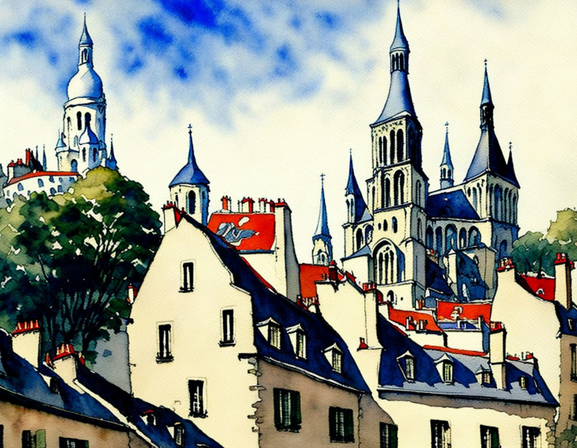 European Town Watercolor Painting with Historic Buildings