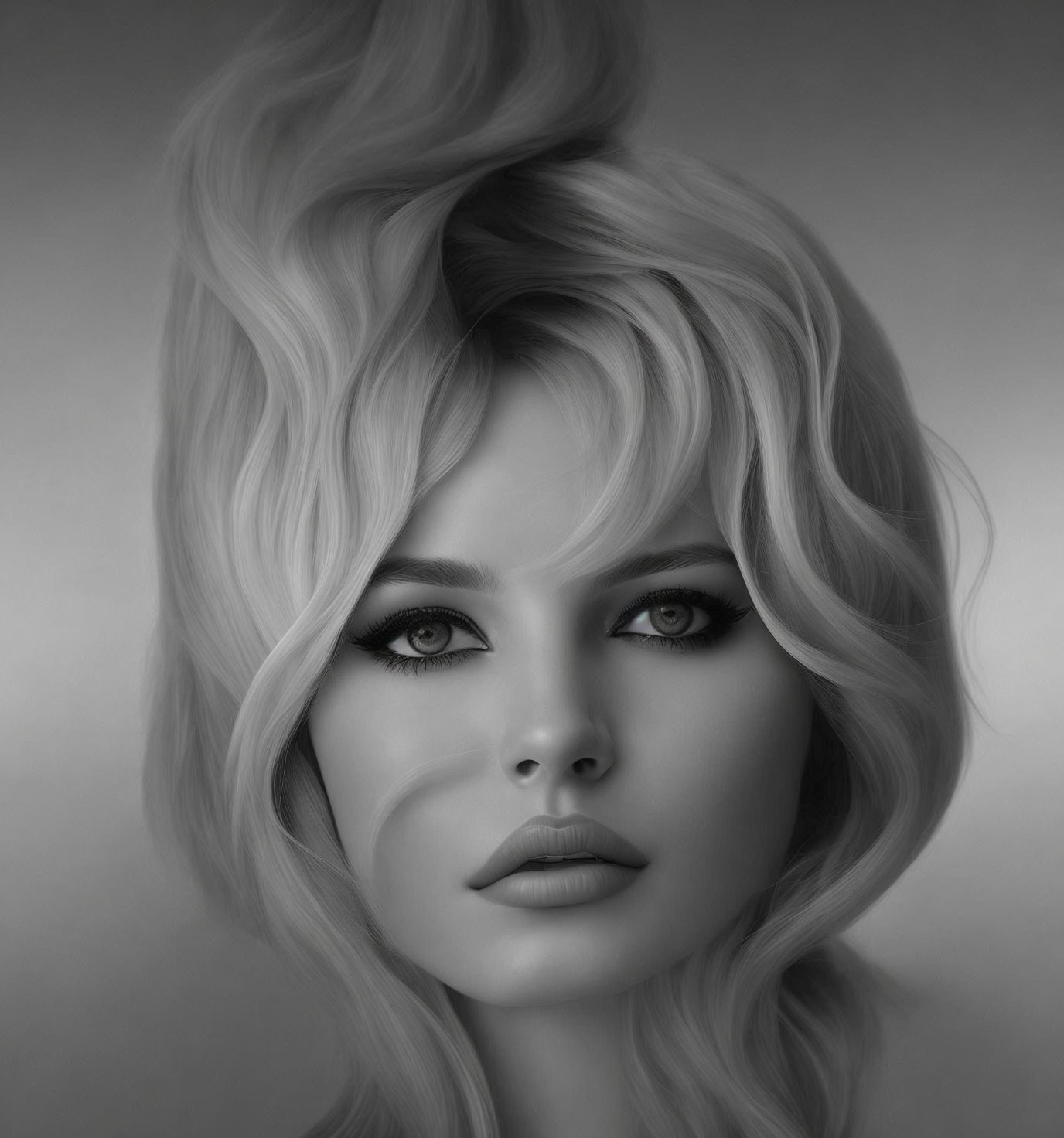 Monochrome portrait of woman with voluminous wavy hair